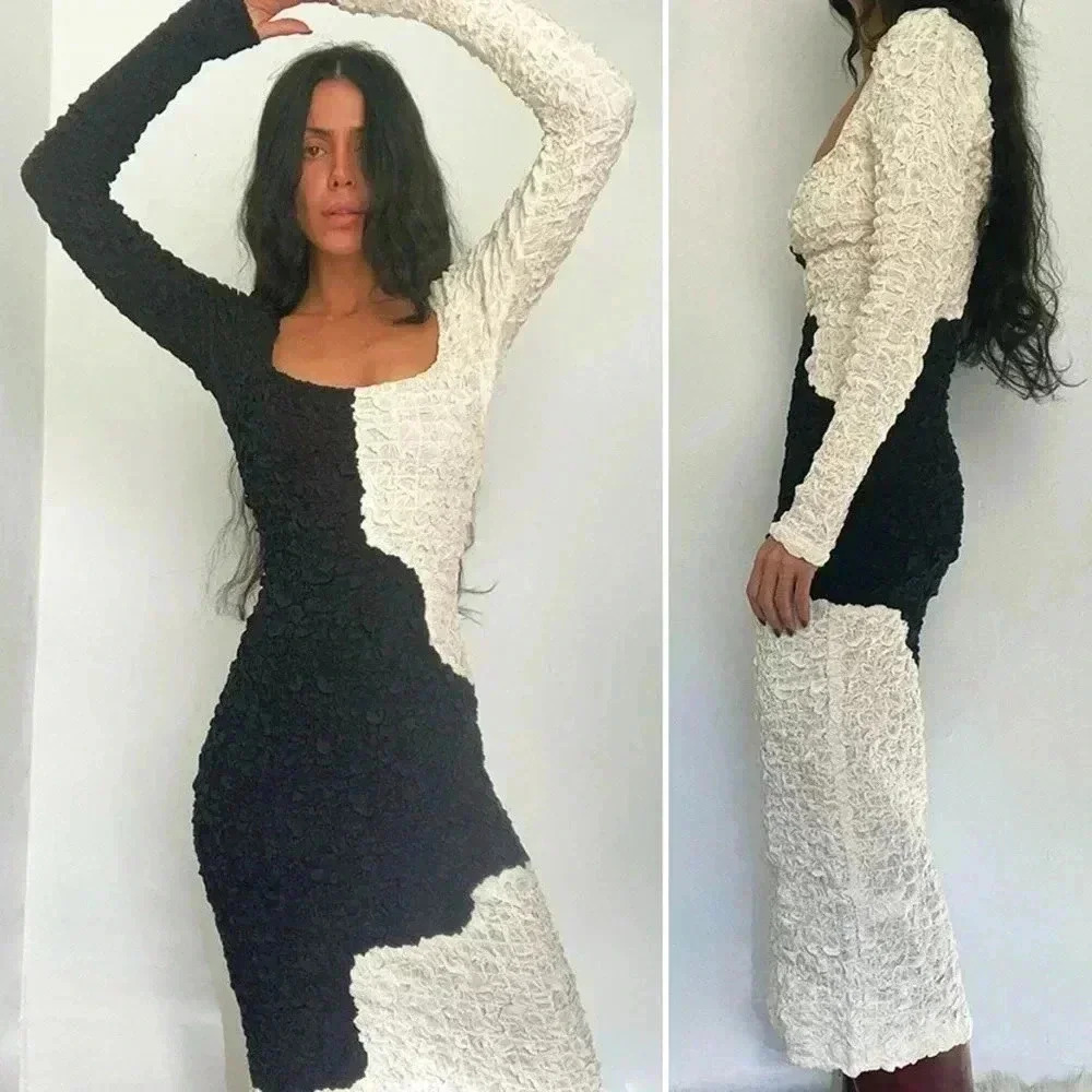 Mara Hoffman Black and White Colorblock Textured Long Sleeve Dress - Picture 3 of 8